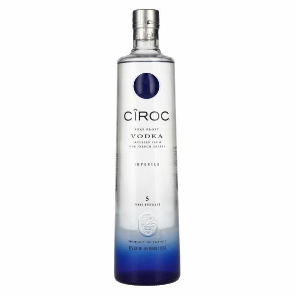 Bottle of Ciroc Snap Frost vodka distilled from French grapes with blue gradient design