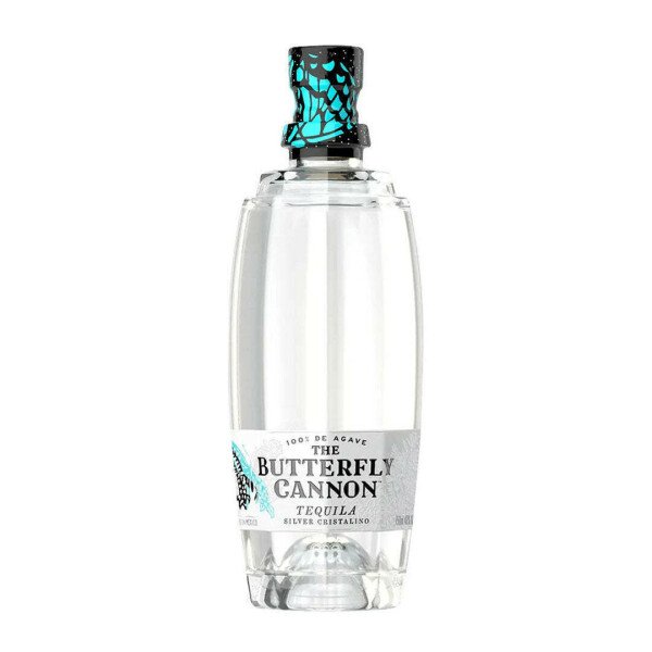 Clear bottle of The Butterfly Cannon tequila silver cristallino with blue and black butterfly cap