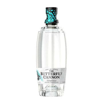 Clear bottle of The Butterfly Cannon tequila silver cristallino with blue and black butterfly cap