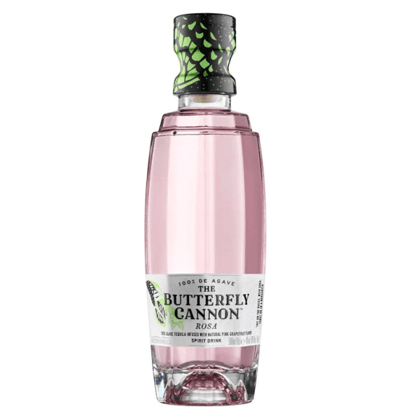 Bottle of The Butterfly Cannon Rosa pink grapefruit tequila spirit drink with green and black cap
