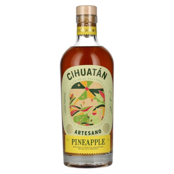 Cihuatán Artesano Pineapple rum bottle with decorative label and wooden cap