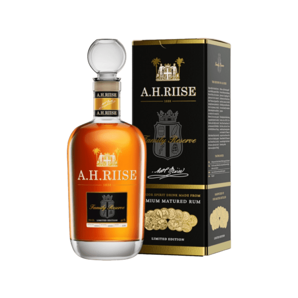 A.H. Riise Family Reserve premium matured rum bottle with black and gold limited edition box