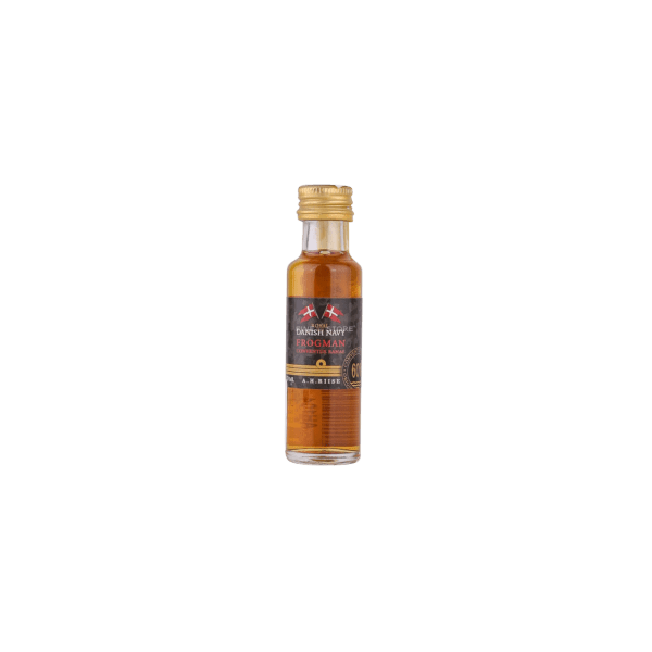 Small bottle of Danish Navy Frogman liqueur with gold cap on white background