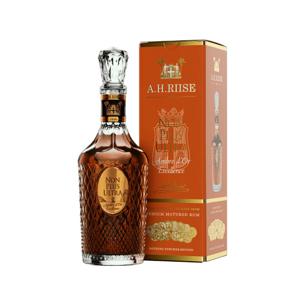 A.H. Riise Non Plus Ultra premium matured rum bottle with amber liquid and textured glass, next to matching branded box
