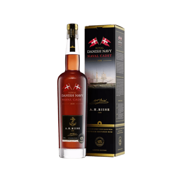 Royal Danish Navy Naval Cadet matured rum bottle with matching box featuring Danish flags and vintage ship design