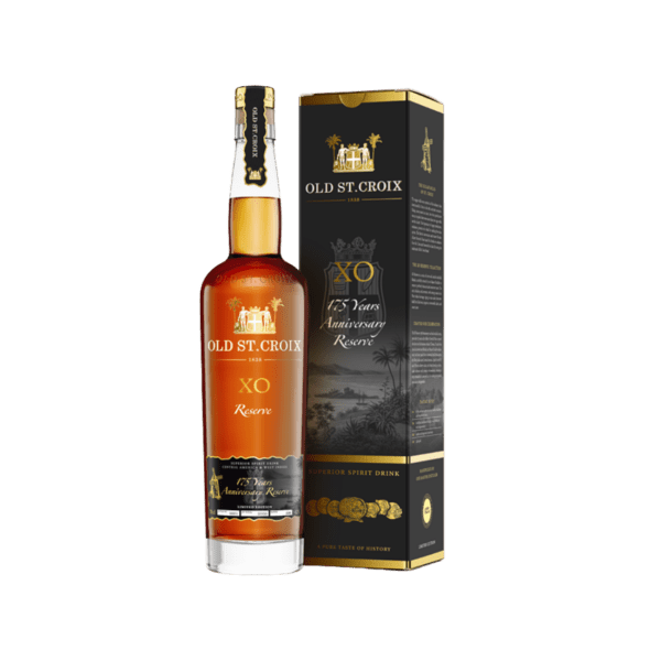 Old St. Croix XO Reserve 175 Years Anniversary Reserve rum bottle with black and gold branded box