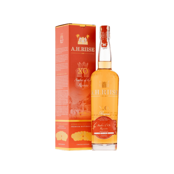 A.H. Riise XO Amber d'Or Reserve rum bottle with matching red and orange premium box