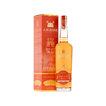 A.H. Riise XO Amber d'Or Reserve rum bottle with matching red and orange premium box