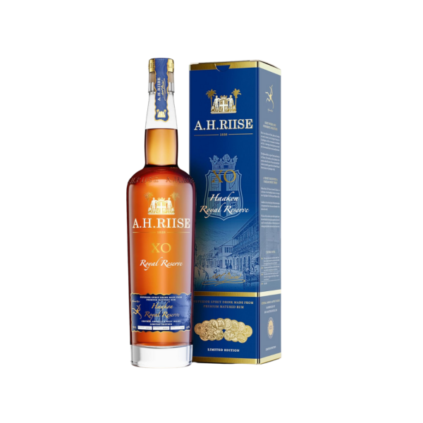 A.H. Riise XO Royal Reserve dark rum bottle with blue and gold limited edition packaging