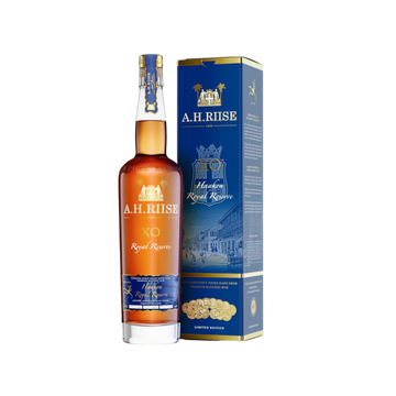 A.H. Riise XO Royal Reserve dark rum bottle with blue and gold limited edition packaging