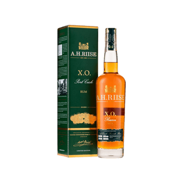 A.H. Riise XO Reserve Port Cask rum bottle with matching green gift box, premium spirits