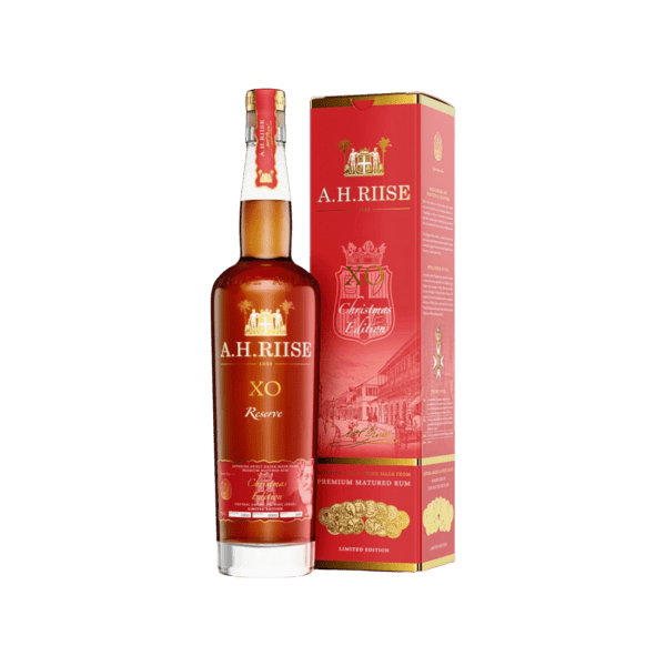 A.H. Riise XO Reserve Christmas Edition rum bottle with red and gold packaging box