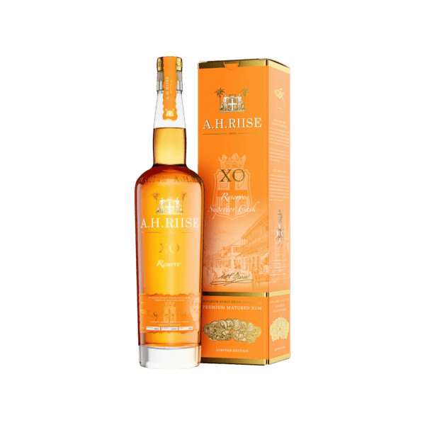 A.H. Riise XO Reserve Superior Cask rum bottle with matching orange packaging box