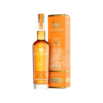 A.H. Riise XO Reserve Superior Cask rum bottle with matching orange packaging box