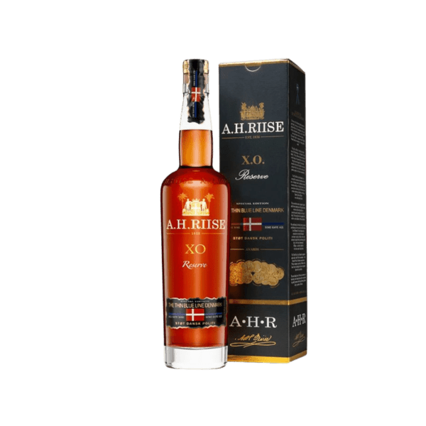 A.H. Riise XO Reserve aged rum bottle beside its black and gold branded box with Danish flag accents