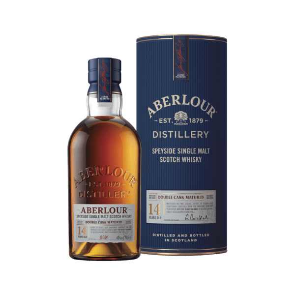 Bottle and blue cylindrical box of Aberlour 14-year-old Speyside single malt Scotch whisky double cask matured