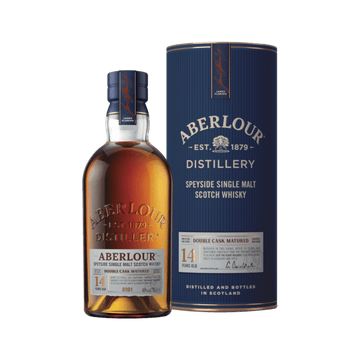 Bottle and blue cylindrical box of Aberlour 14-year-old Speyside single malt Scotch whisky double cask matured