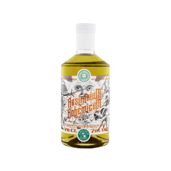 Absinthe bottle with green liquid, artistic label and white cap, 70cl 70% vol.