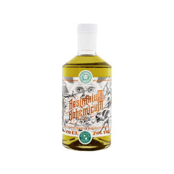 Absinthe bottle with green liquid, artistic label and white cap, 70cl 70% vol.