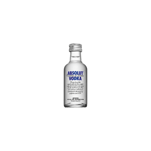 Miniature Absolut Vodka bottle with blue logo and silver cap on transparent background