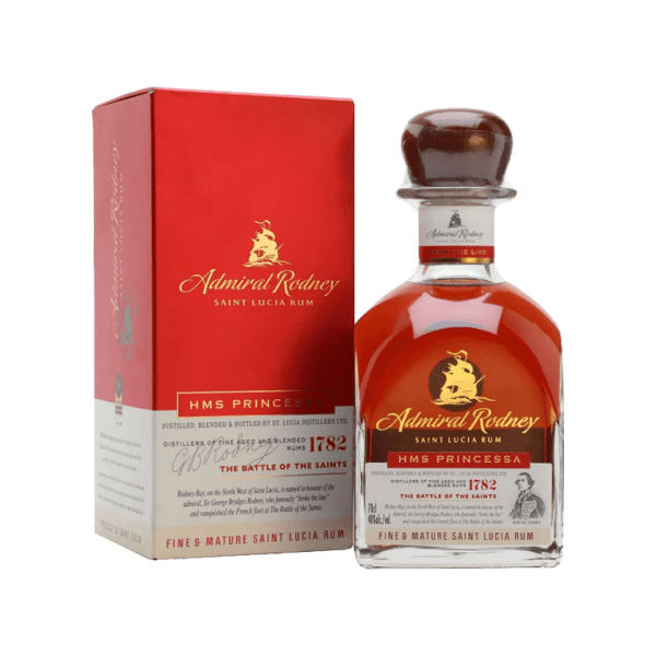 Bottle and box of Admiral Rodney Saint Lucia HMS Princessa rum with red and white labels