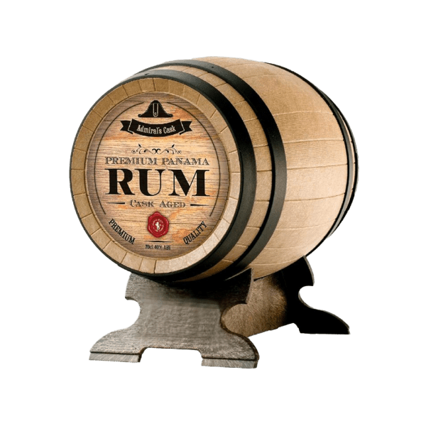 Wooden rum barrel with Admirals Cask Premium Panama Rum label on wooden stand