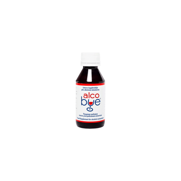 Bottle of Alco Blue food supplement for alcohol consumers with white label and blue-red text