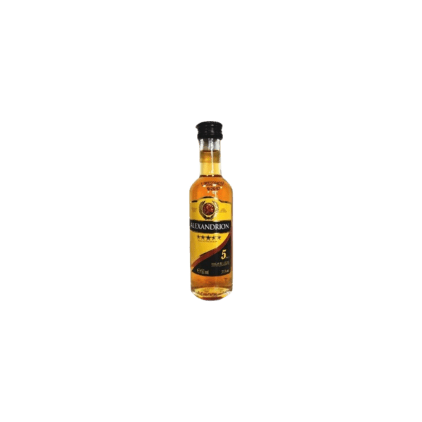 Alexandrion 5-year-old brandy bottle with gold amber liquid and black cap