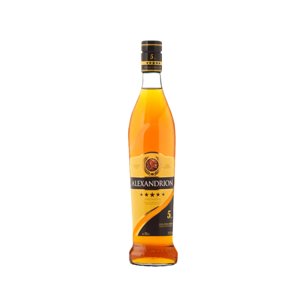 Alexandrion 5-star brandy bottle with golden amber liquid and black gold label