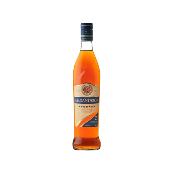 Alexandrion 7-star premium amber spirit bottle with label and blue cap on white background