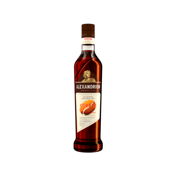 Alexandrion coffee-flavored spirit bottle with brown label and golden cap on plain background