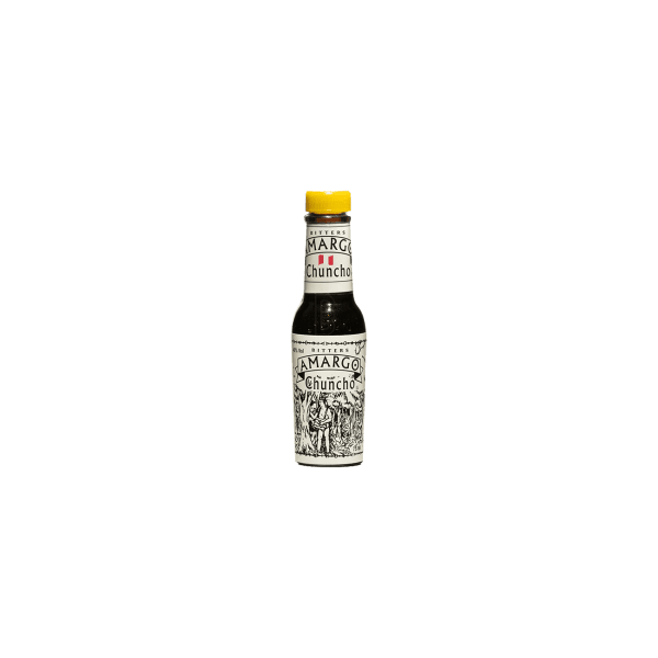 Amargo Chuncho bitters bottle with yellow cap and vintage Peruvian label design