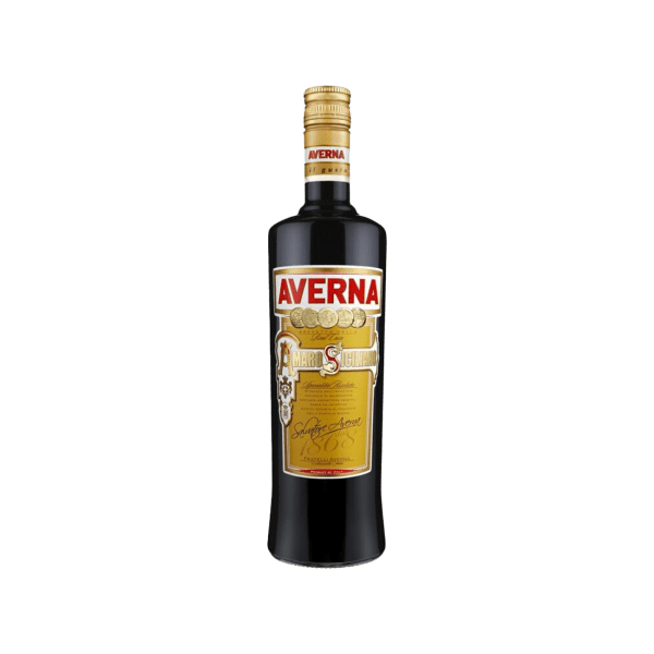 Averna Sicilian amaro bottle with gold and red label, black glass on transparent background