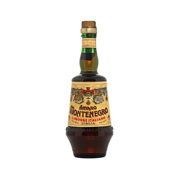 Bottle of Amaro Montenegro Italian herbal liqueur with ornate vintage label and gold cap