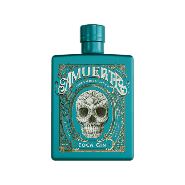 Turquoise Amuerte Coca Gin bottle with ornate skull label, premium distilled gin.