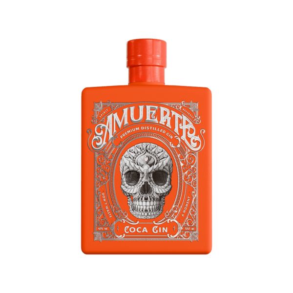 Red Amuerte Coca Gin bottle with white skull design and ornate label, premium spirit.