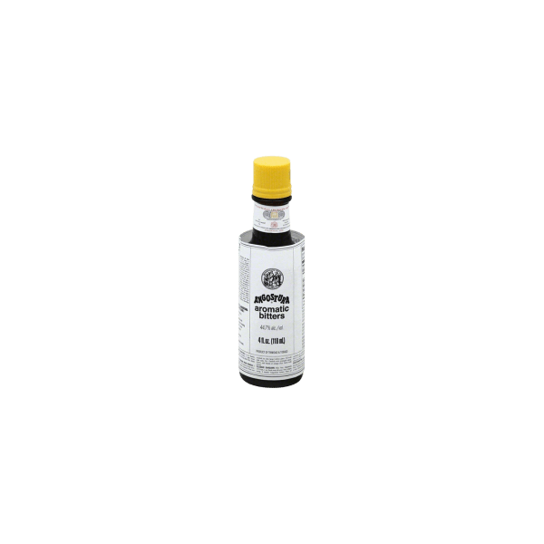 Angostura aromatic bitters 4 fl oz bottle with yellow cap on white background