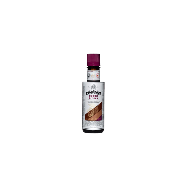 Angostura Cocoa Bitters bottle with maroon cap on transparent background