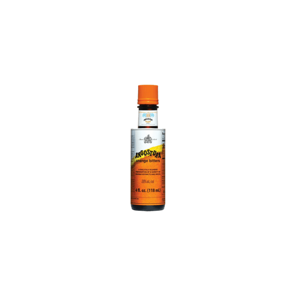 Angostura orange bitters bottle with orange cap and label, 4 fl oz size