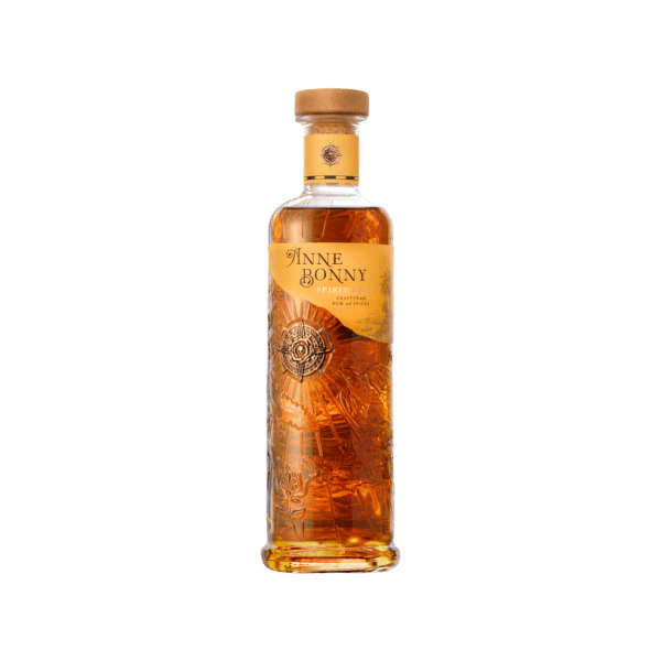 Anne Bonny Spirit Drink bottle with amber rum, embossed compass design, and cork stopper