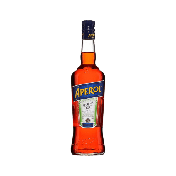 Aperol bitter aperitivo bottle with orange liquid and blue label on white background