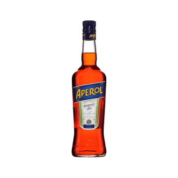 Aperol bitter aperitivo bottle with orange liquid and blue label on white background