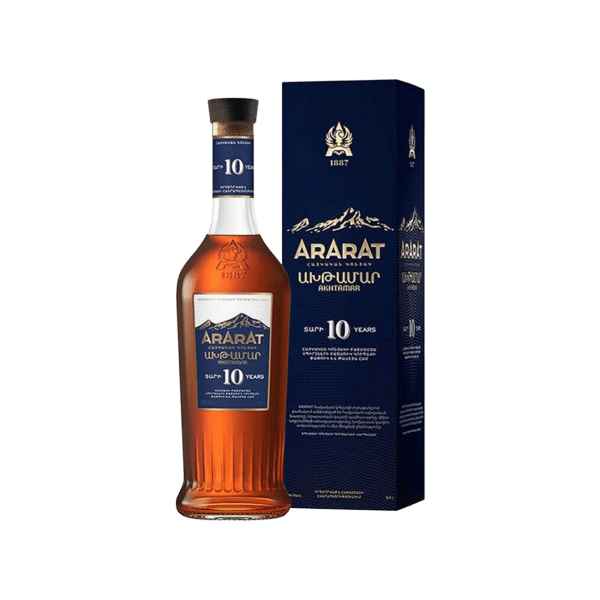 Ararat 10 year old brandy bottle and gift box on white background
