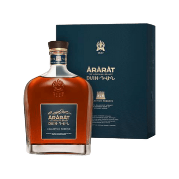 Ararat Dvin Armenian brandy bottle with blue label and matching gift box