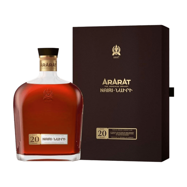 Bottle of Ararat Nairi Armenian brandy aged 20 years alongside elegant black and gold branded box