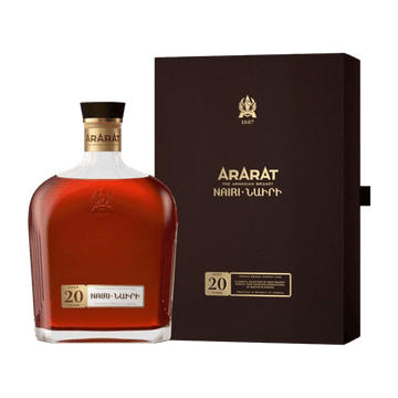 Bottle of Ararat Nairi Armenian brandy aged 20 years alongside elegant black and gold branded box