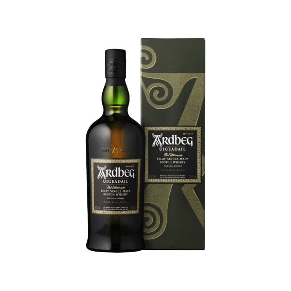Ardbeg Uigeadail Islay single malt Scotch whisky bottle with decorative box
