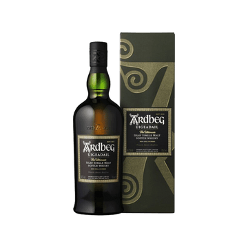 Ardbeg Uigeadail Islay single malt Scotch whisky bottle with decorative box