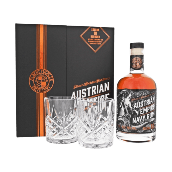Austrian Empire Navy Rum gift set with black box, glass bottle, and two crystal tumblers