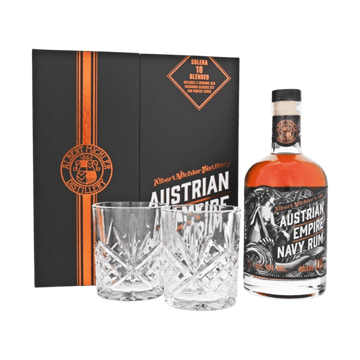 Austrian Empire Navy Rum gift set with black box, glass bottle, and two crystal tumblers